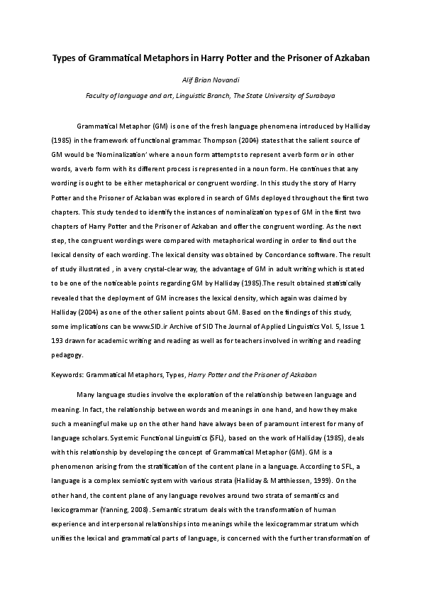 (DOC) Types of Grammatical Metaphors in Harry Potter and the Prisoner