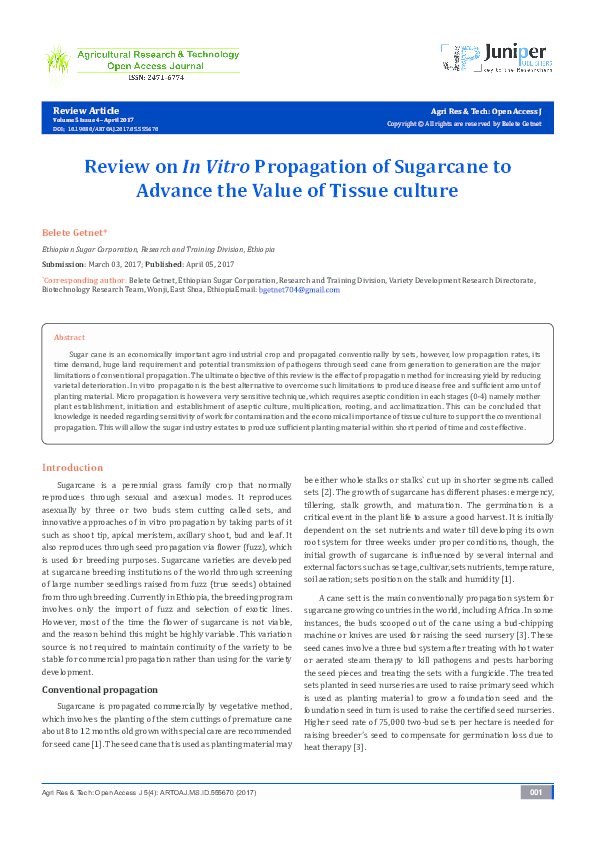(PDF) Review on In Vitro Propagation of Sugarcane to Advance the Value