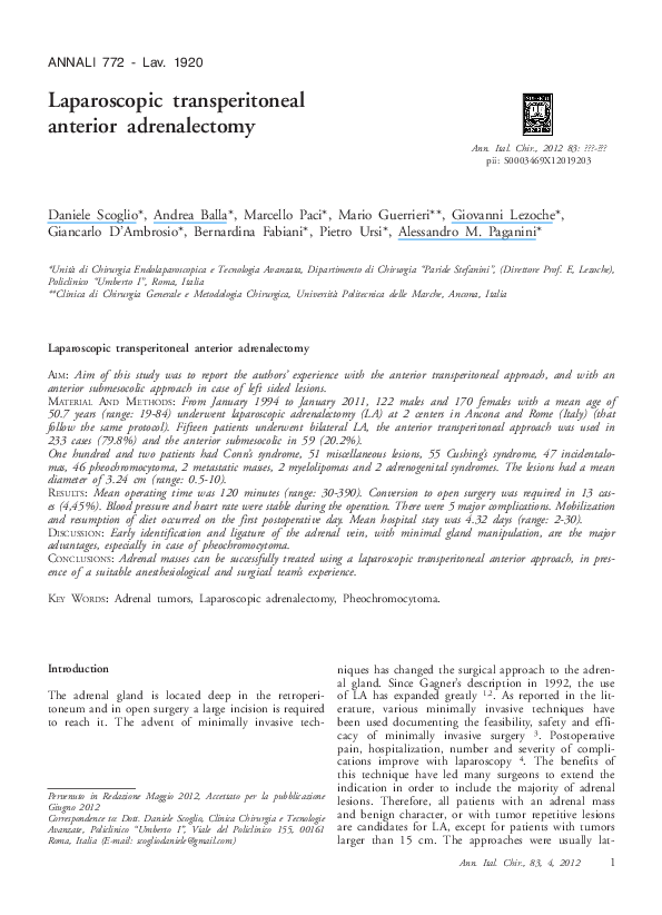 (PDF) Laparoscopic transperitoneal anterior adrenalectomy