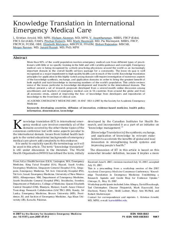 (PDF) Knowledge Translation in International Emergency Medical Care