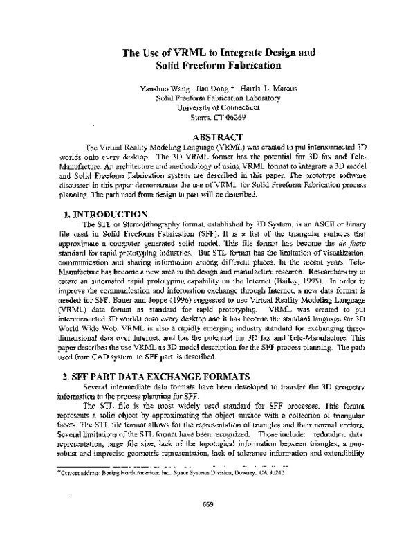 (PDF) The Use ofVRML to Integrate Design and Solid Freeform Fabrication