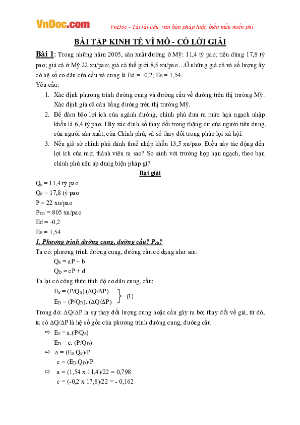 First page of “Bai tap kinh te vi mo co dap an”