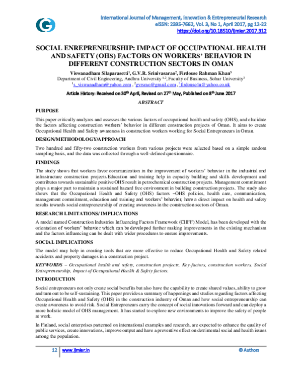 (PDF) SOCIAL ENREPRENEURSHIP: IMPACT OF OCCUPATIONAL HEALTH AND SAFETY ...