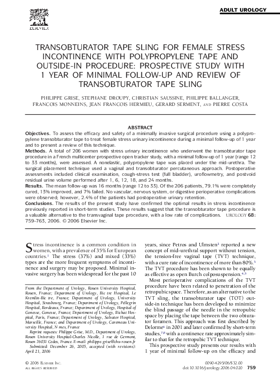 (PDF) Transobturator tape sling for female stress incontinence with ...
