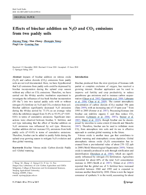 (PDF) Effects of biochar addition on N2O and CO2 emissions from two ...