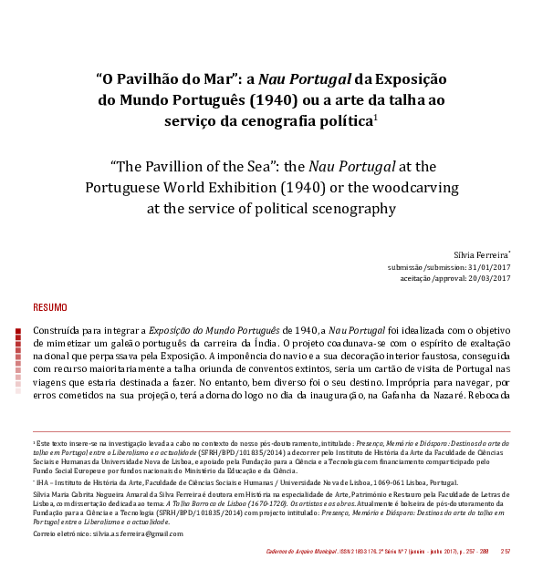 “O Pavilhão do Mar”: a Nau Portugal da Exposição do Mundo Português (1940) ou a arte da talha ao serviço da cenografia política