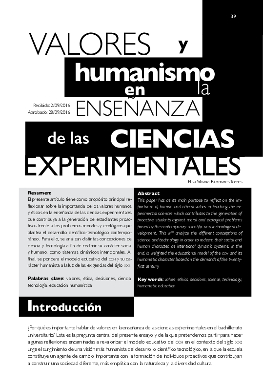 (PDF) Valores y Humanismo en la Ensenanza de las ciencias