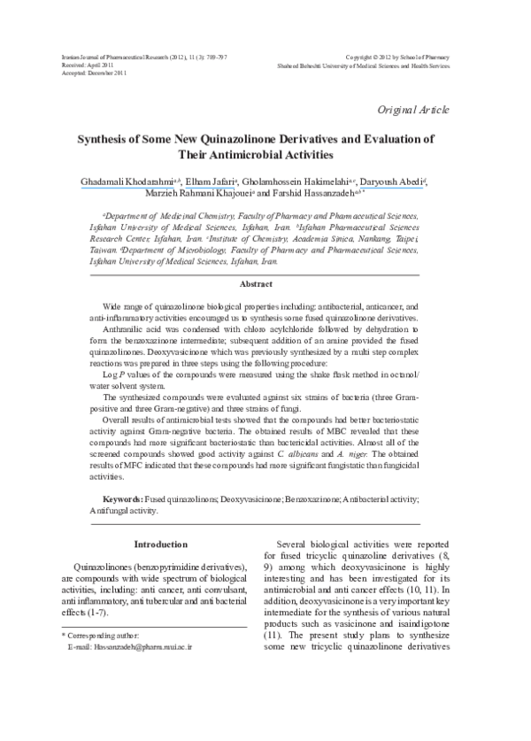 (PDF) Synthesis of Some New Quinazolinone Derivatives and Evaluation of ...
