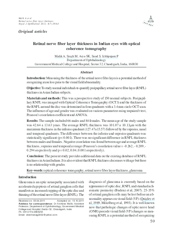 (PDF) Retinal nerve fiber layer thickness in Indian eyes with optical ...