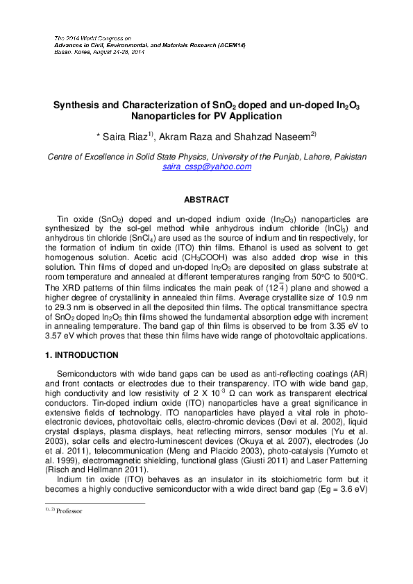 (PDF) Synthesis and Characterization of SnO 2 doped and un-doped In 2 O ...