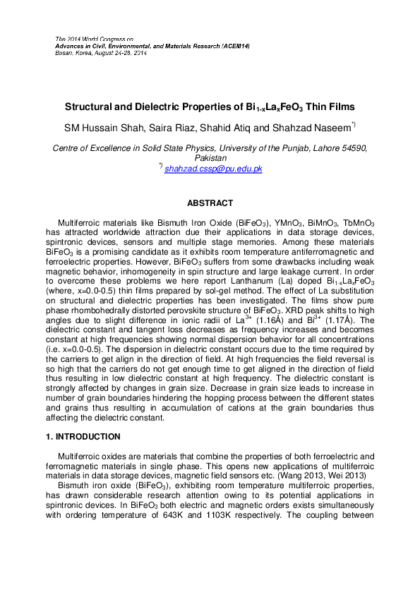 (PDF) Structural and Dielectric Properties of Bi 1-x La x FeO 3 Thin Films