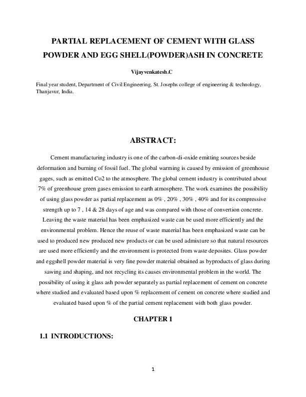 (PDF) PARTIAL REPLACEMENT OF CEMENT WITH GLASS POWDER AND EGG SHELL