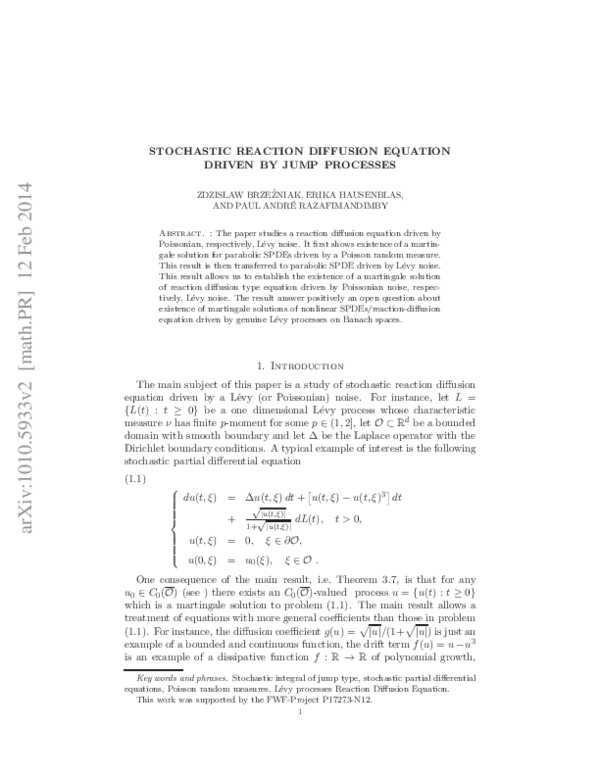 (PDF) Martingale solutions for Stochastic Equation of Reaction ...