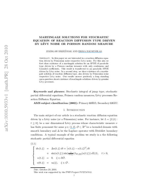 (PDF) Martingale solutions for Stochastic Equation of Reaction ...