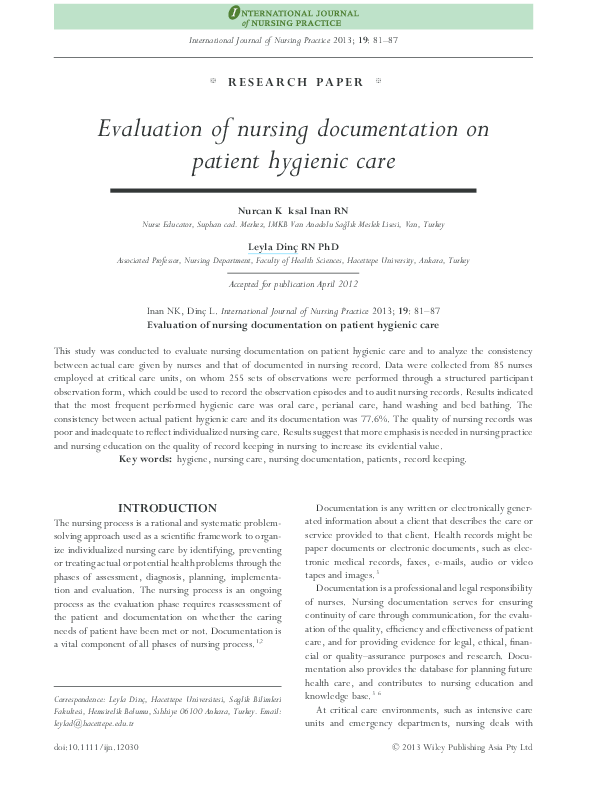 (PDF) Evaluation of nursing documentation on patient hygienic care