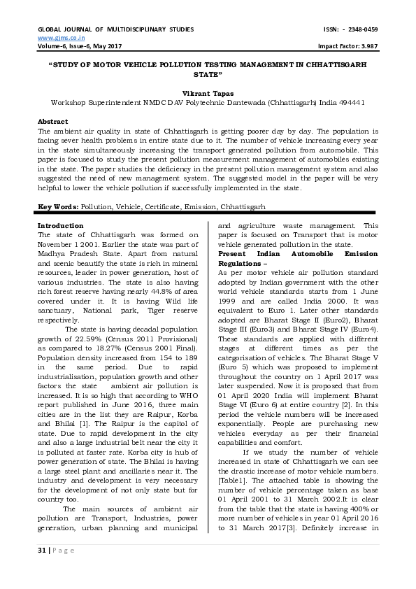 (PDF) " STUDY OF MOTOR VEHICLE POLLUTION TESTING MANAGEMENT IN