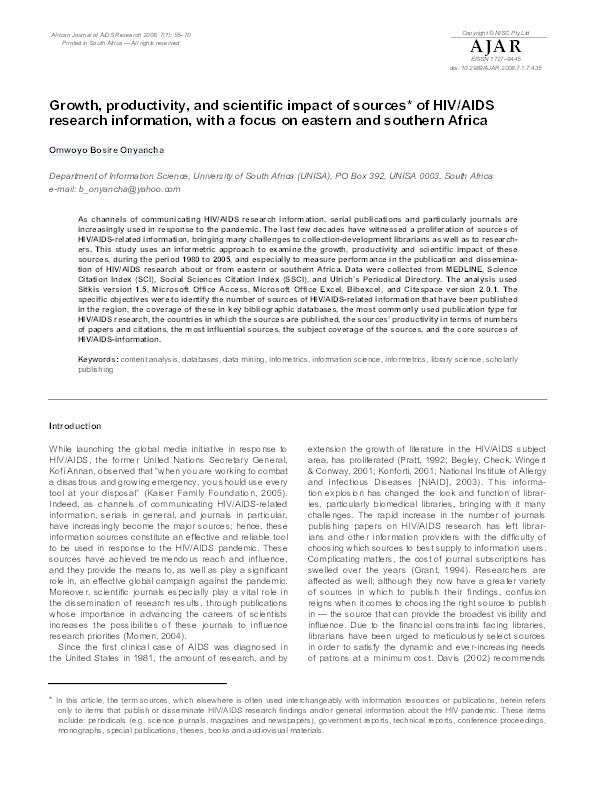 (PDF) Growth, productivity, and scientific impact of sources of HIV ...