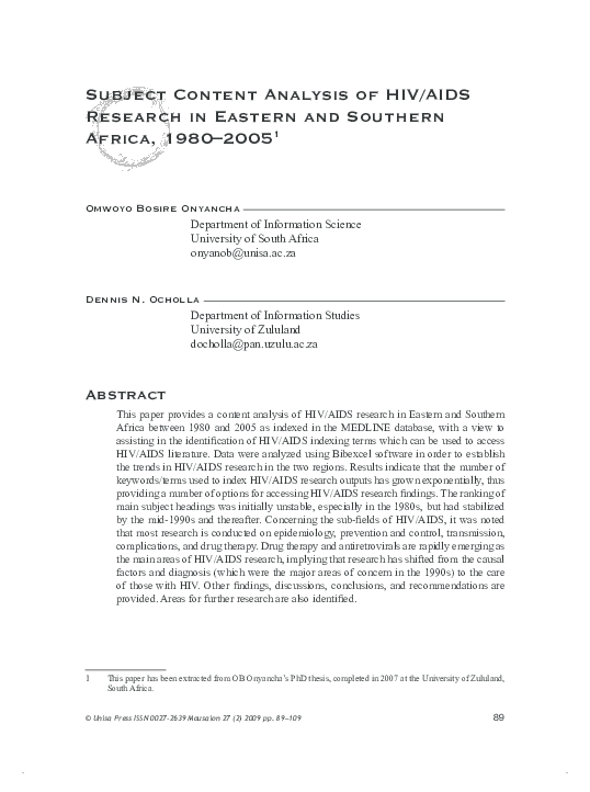 (PDF) Subject content analysis of HIV / AIDS research in Eastern and ...