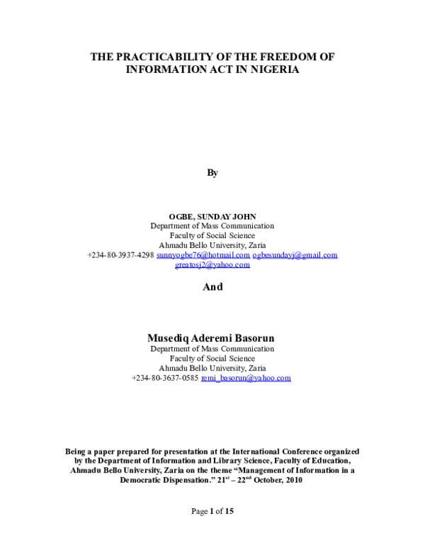 (DOC) THE PRACTICABILITY OF THE FREEDOM OF INFORMATION ACT IN NIGERIA