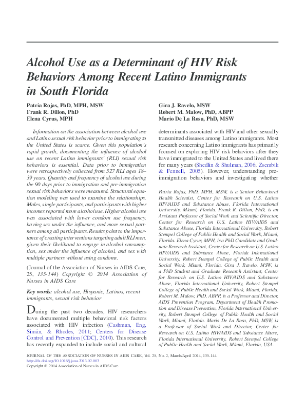 (PDF) Alcohol Use as a Determinant of HIV Risk Behaviors Among Recent ...