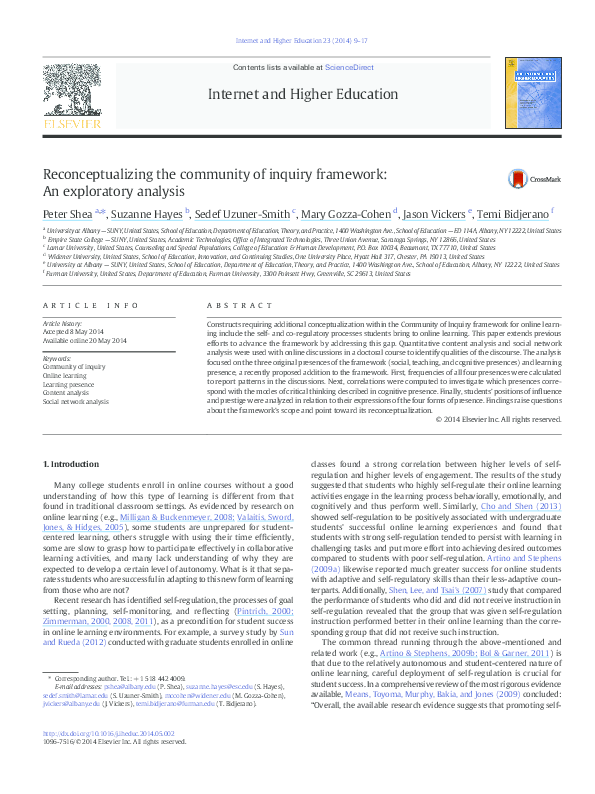 (PDF) Reconceptualizing the Community of Inquiry framework: Exploratory ...