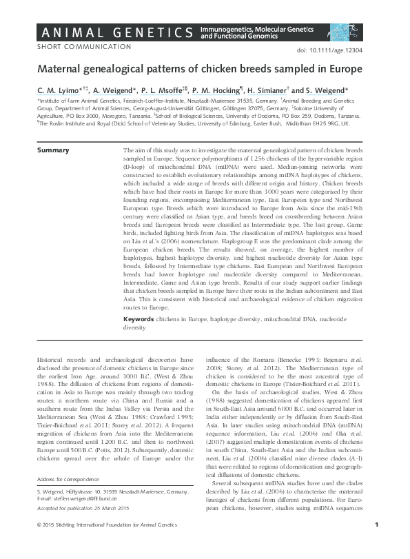 (PDF) Maternal genealogical patterns of chicken breeds sampled in Europe