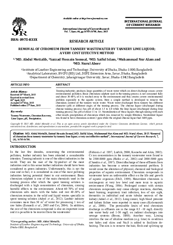(PDF) REMOVAL OF CHROMIUM FROM TANNERY WASTEWATER BY TANNERY LIME ...