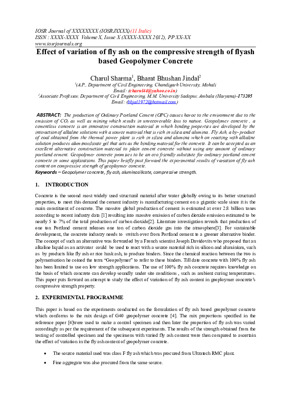 (DOC) Effect of variation of fly ash on the compressive strength of ...