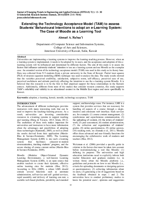 (PDF) Extending the Technology Acceptance Model (TAM) to assess ...