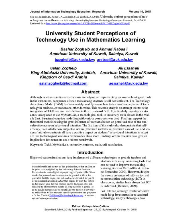 (PDF) University Student Perceptions of Technology Use in Mathematics ...