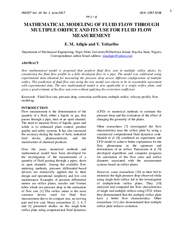 (PDF) MATHEMATICAL MODELING OF FLUID FLOW THROUGH MULTIPLE ORIFICE AND ...