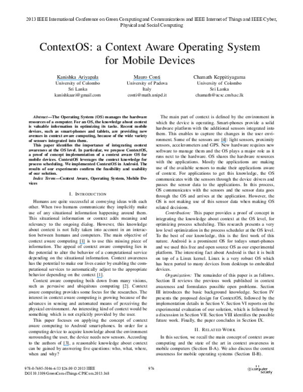(PDF) ContextOS: A Context Aware Operating System for Mobile Devices