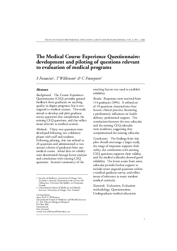 (PDF) The Medical Course Experience Questionnaire: development and ...