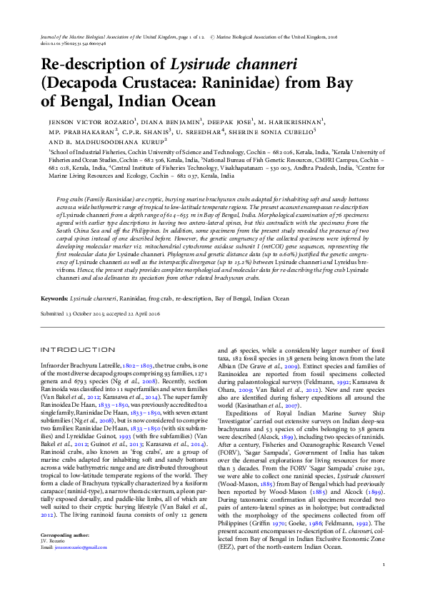 (PDF) Re-description of Lysirude channeri (Decapoda Crustacea ...