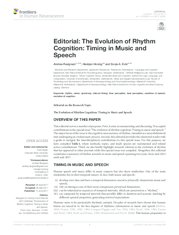 (PDF) Editorial: The Evolution of Rhythm Cognition: Timing in Music and ...