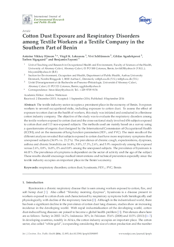 (PDF) Environmental Research and Public Health Cotton Dust Exposure and ...