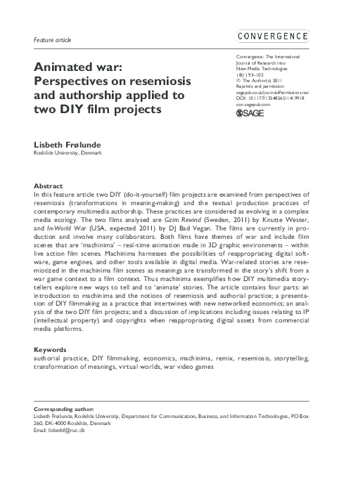 Pdf Animated War Perspectives On Resemiosis And Authorship Applied To Two Diy Film Projects Lisbeth Frolunde Academia Edu