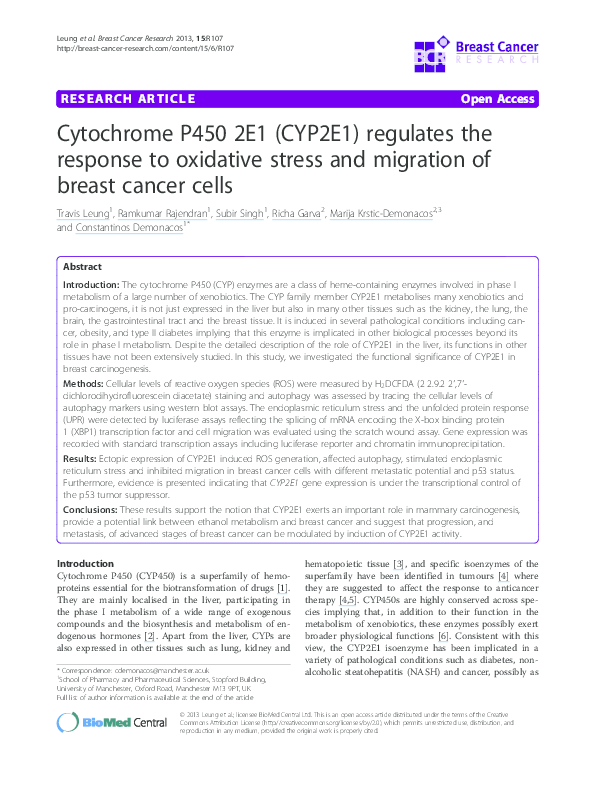 (PDF) Cytochrome P450 2E1 (CYP2E1) regulates the response to oxidative ...