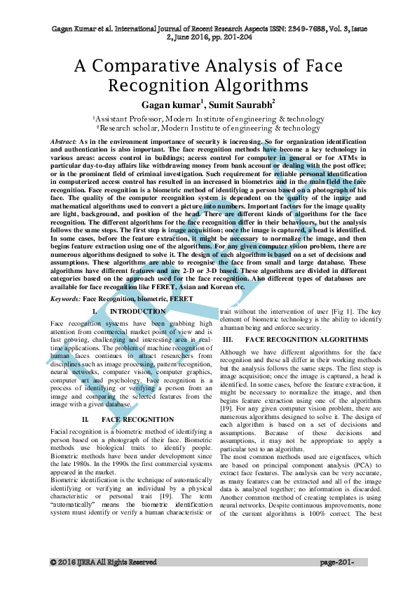 (PDF) A Comparative Analysis of Face Recognition Algorithms