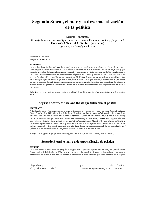Segundo Storni, el mar y la desespacialización de la política