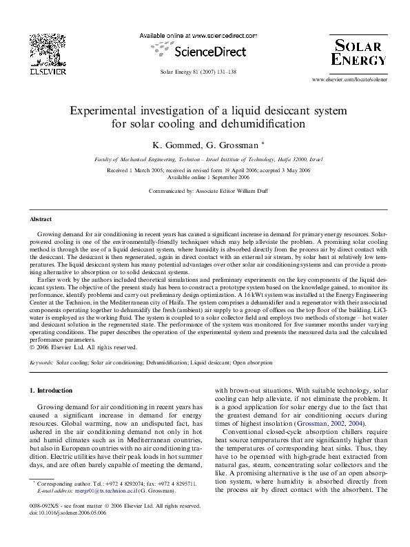 (PDF) Experimental investigation of a liquid desiccant system for solar