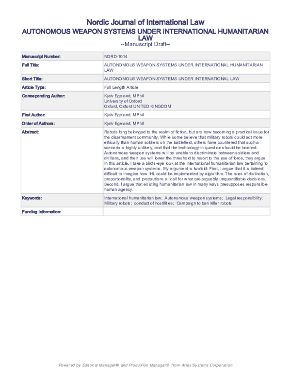 (PDF) Lethal Autonomous Weapon Systems under International Humanitarian Law