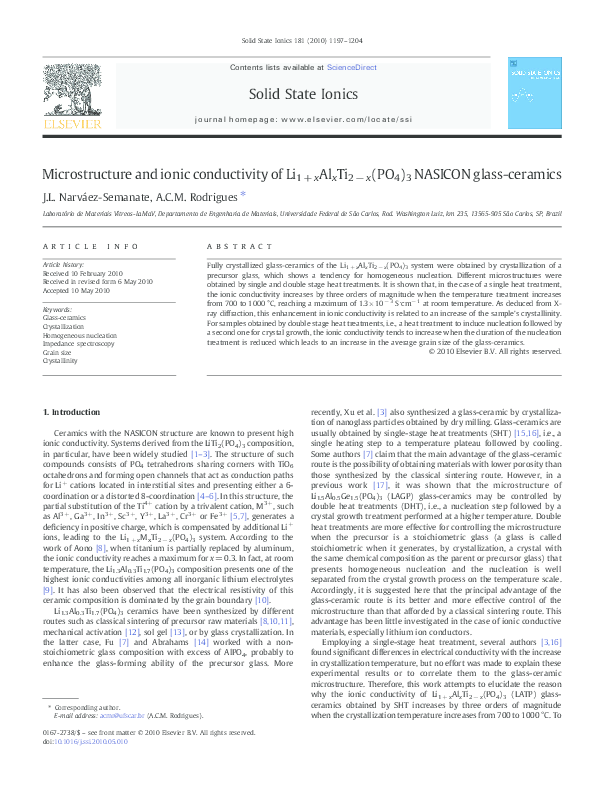 (PDF) Microstructure and ionic conductivity of Li 1 + x Al x Ti 2 − x ...