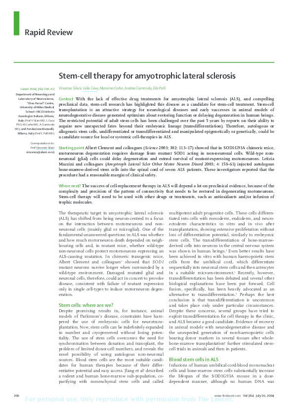 (PDF) Stem cells in the treatment of amyotrophic lateral sclerosis (ALS)
