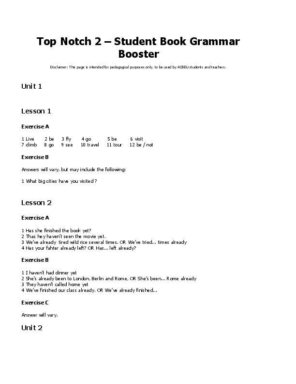 (DOC) Top Notch 2 Student Book Grammar Booster Unit 1 Lesson 1