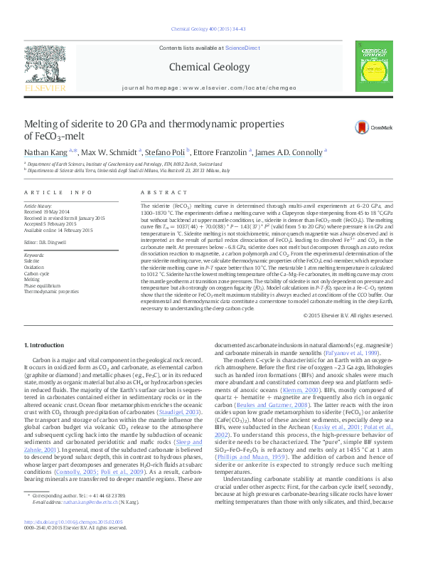 (PDF) Melting of siderite to 20GPa and thermodynamic properties of ...