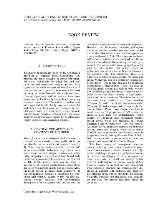 (PDF) Electric motor drives Modeling, analysis and control, R. Krishan