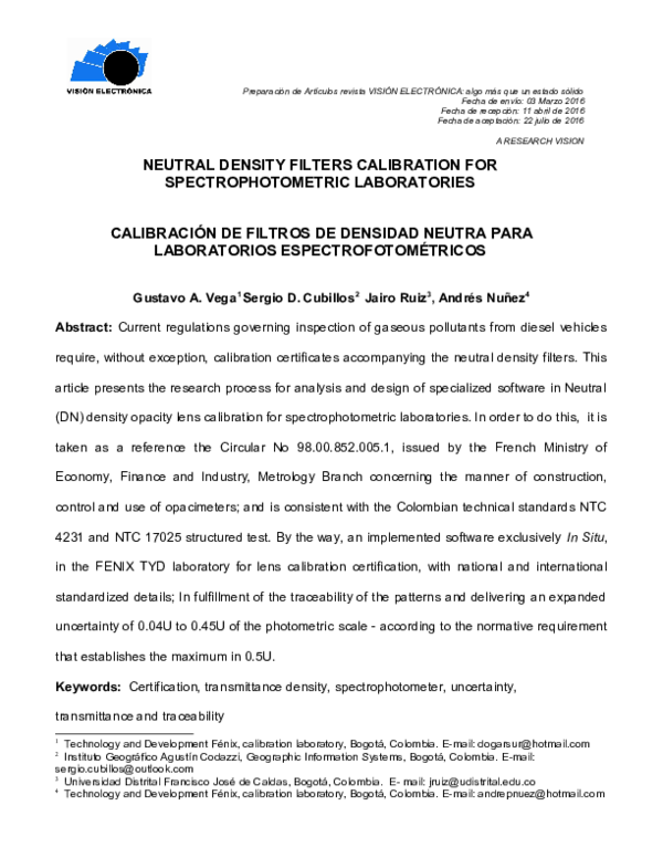 (PDF) NEUTRAL DENSITY FILTERS CALIBRATION FOR SPECTROPHOTOMETRIC