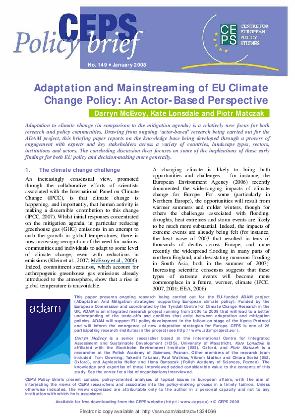 (PDF) Adaptation and Mainstreaming of EU Climate Change Policy: An ...