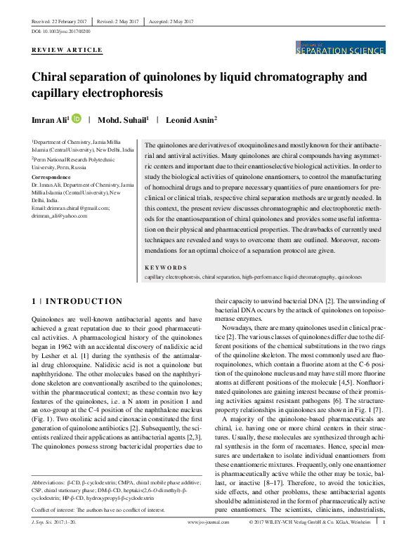 (PDF) Chiral separation of quinolones by liquid chromatography and ...